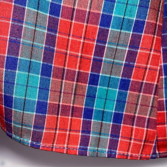 Vtg Paris Station Short Sleeve Top Shirt Red Blue Teal Plaid Blouse- Sz S - Picture 8 of 8